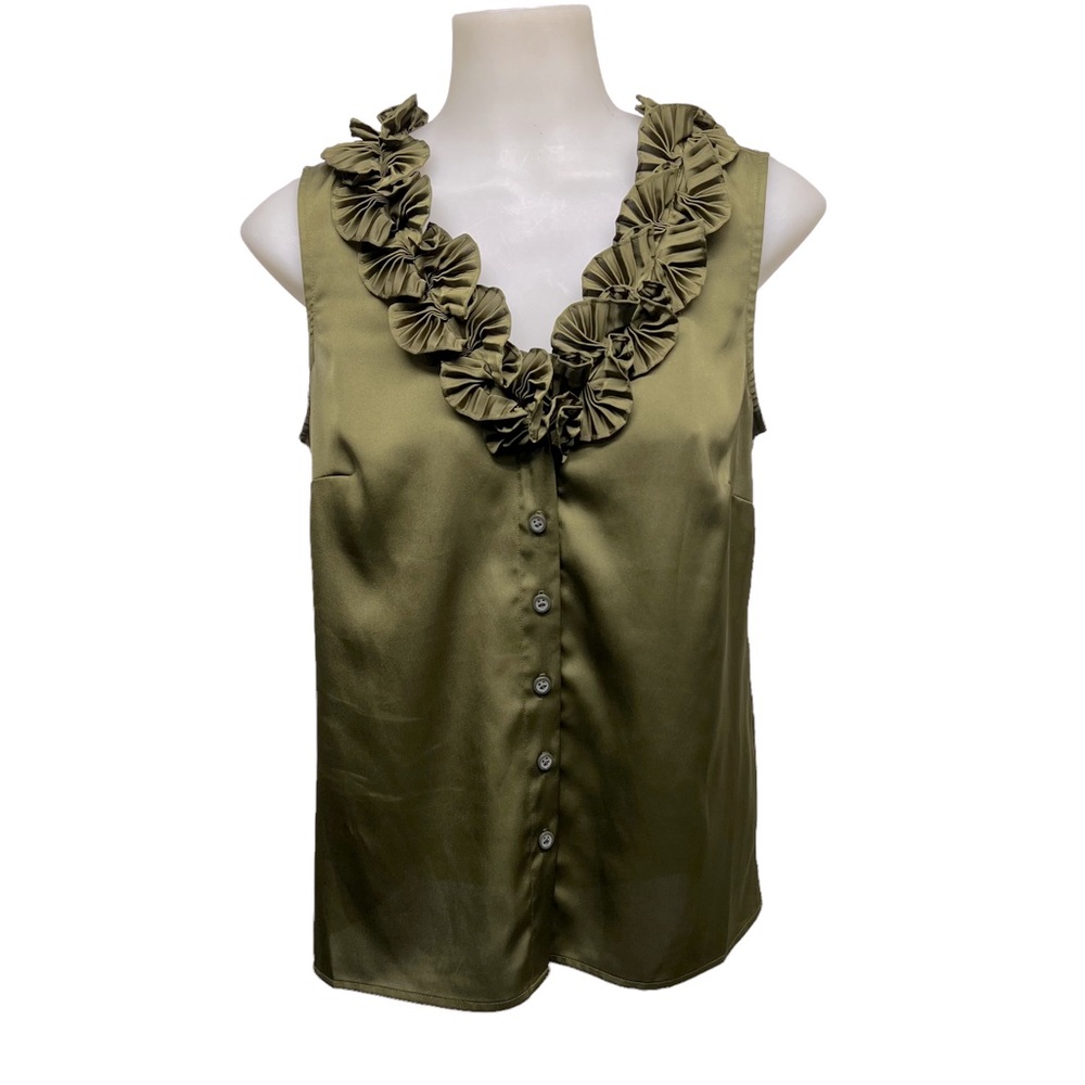 LOFT Top Button Down V-Neck Crepe Exaggerated Ruffle Olive Silky Blouse …